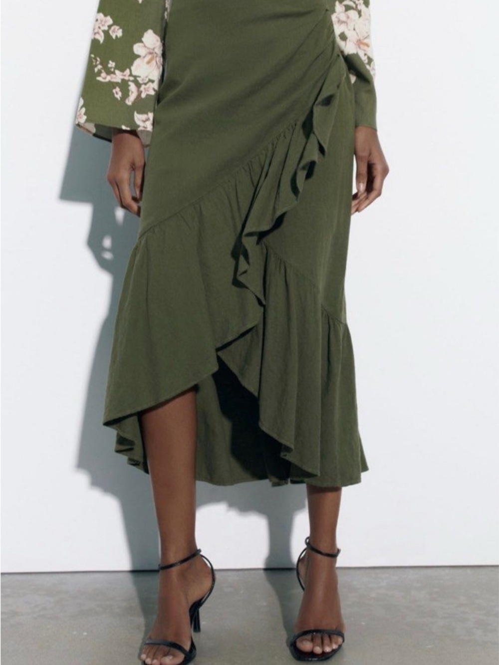 Zara Olive Green Ruffle Wrap Midi Skirt